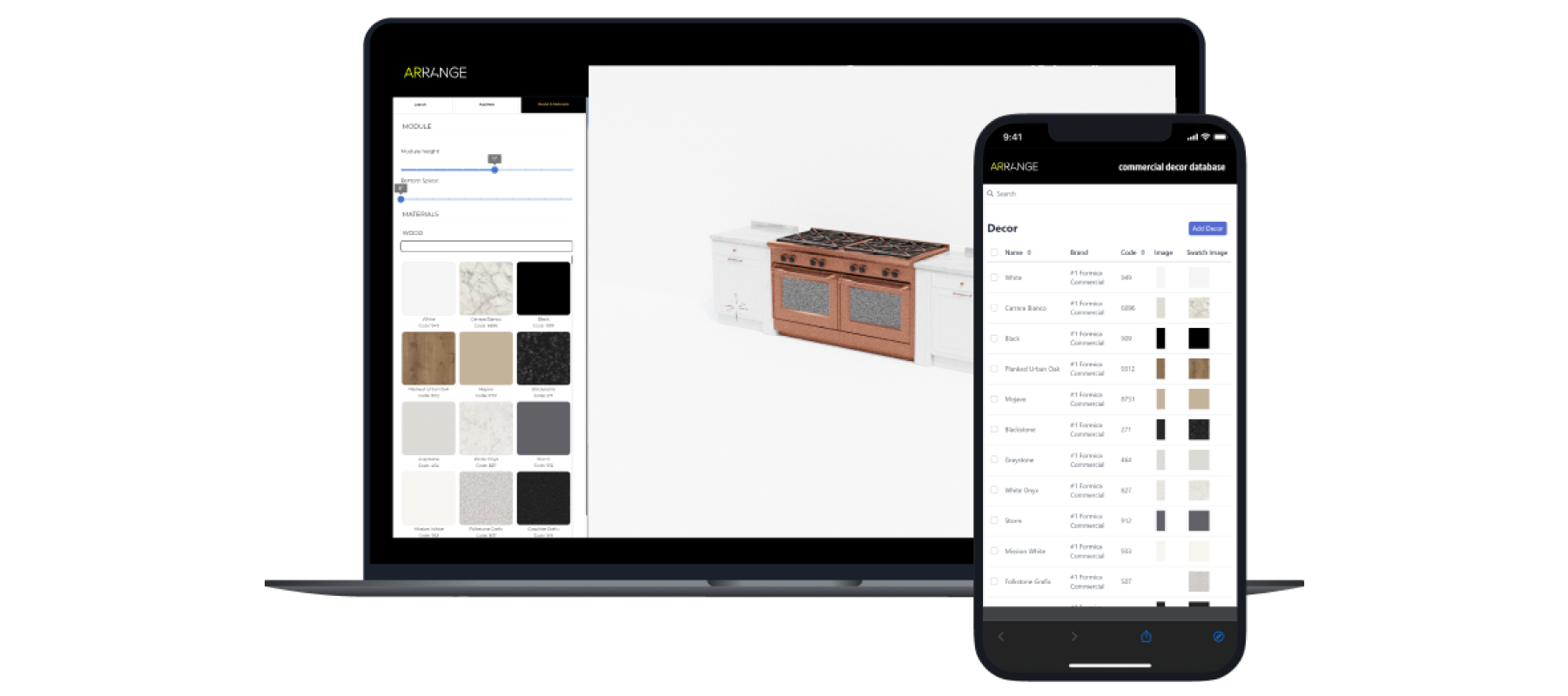 A laptop and a smartphone displaying a product customization interface for a kitchen range. The laptop screen shows various material options and a 3D model of a stove, while the smartphone screen shows a decor database with different material options and corresponding images