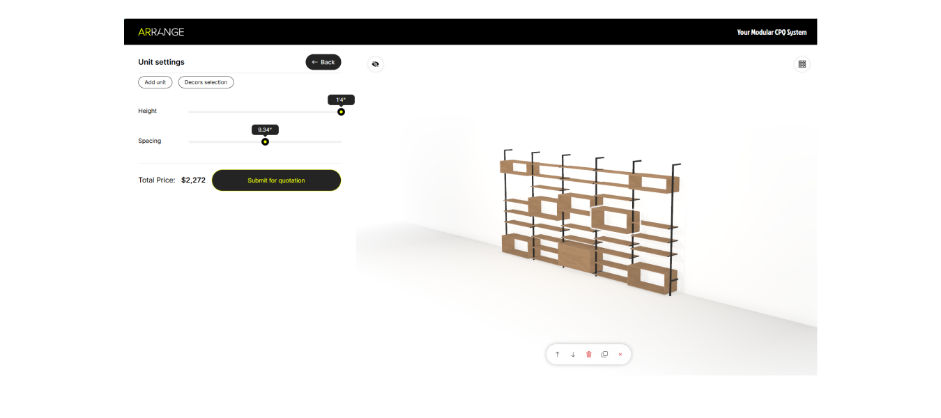 The image shows a design interface of a parametric configurator for a modular shelving system. On the left, there are controls for adjusting the dimensions, including total width, number of sections, section widths, and height. On the right, a 3D model displays the shelving unit with its measurements. The shelving system features wooden shelves and cabinets supported by a metal frame