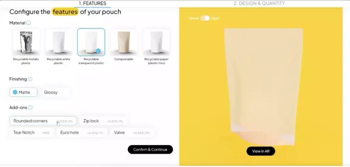 Step one of the Pouch Builder: five materials, matte or glossy, add-ons with their price per piece, and the 3D pouch on the right