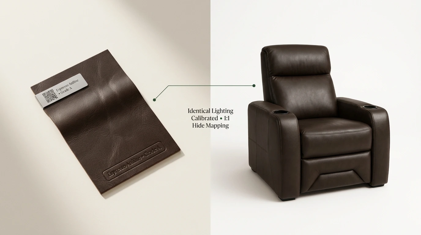 A leather sample beside the recliner rendered in that hide, lit the same way