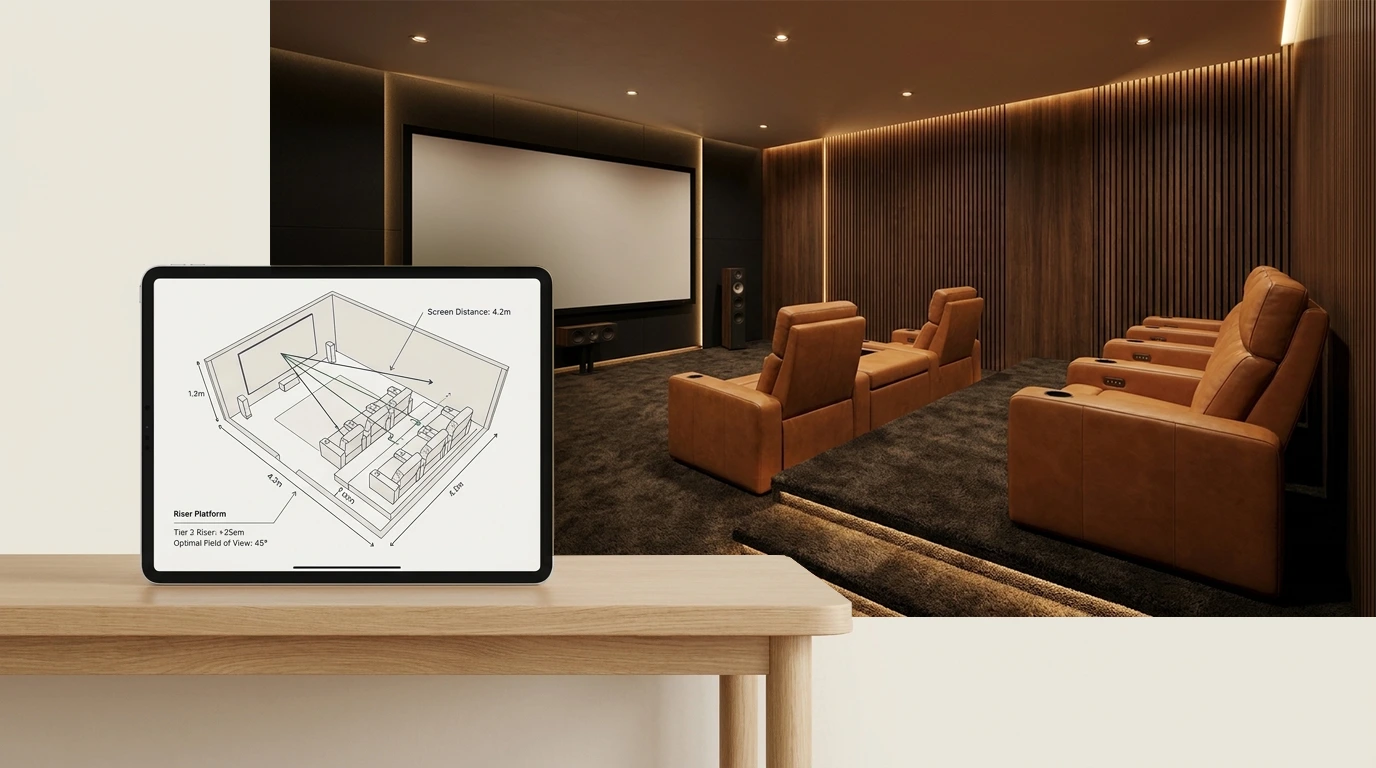 The cinema room built to the plan on the tablet: riser height, screen distance and seat spacing