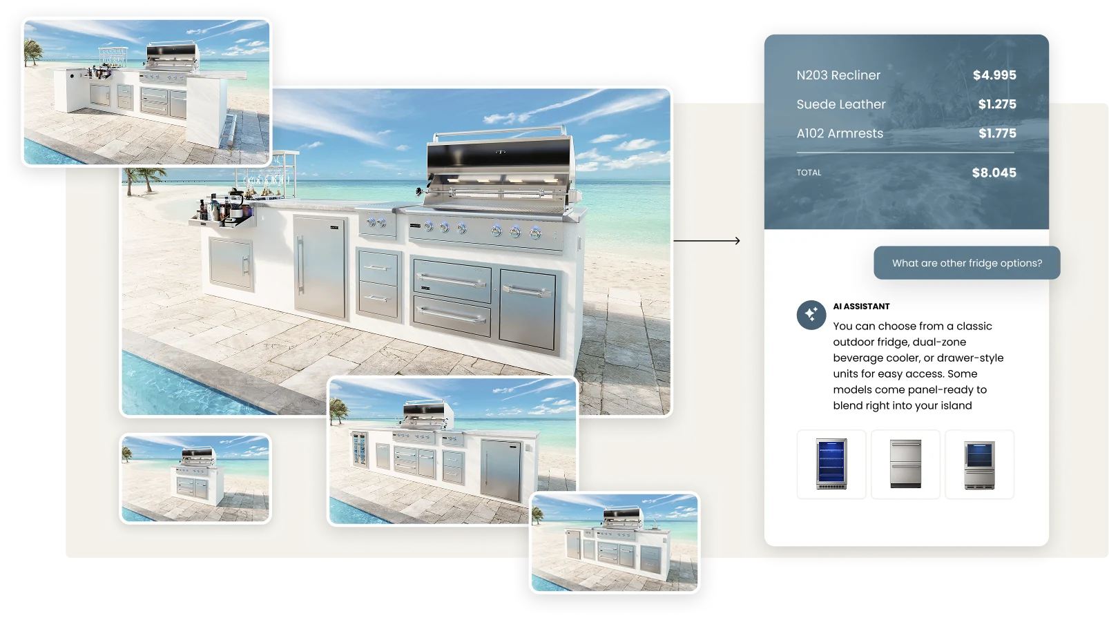 One island shown across several settings beside a live price list and an assistant answering an option question