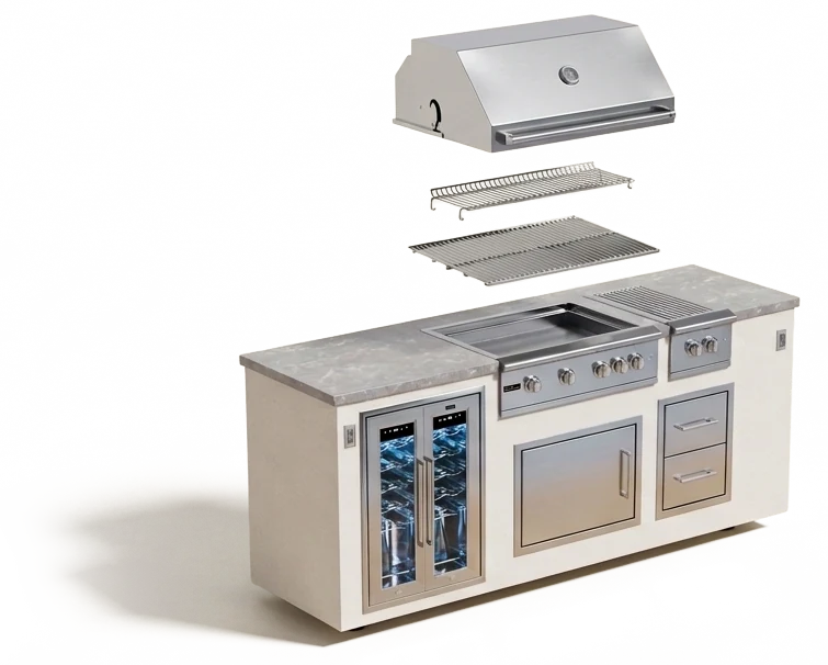 One grill island shown as separable modules, with its finish and countertop called out and the layout options underneath