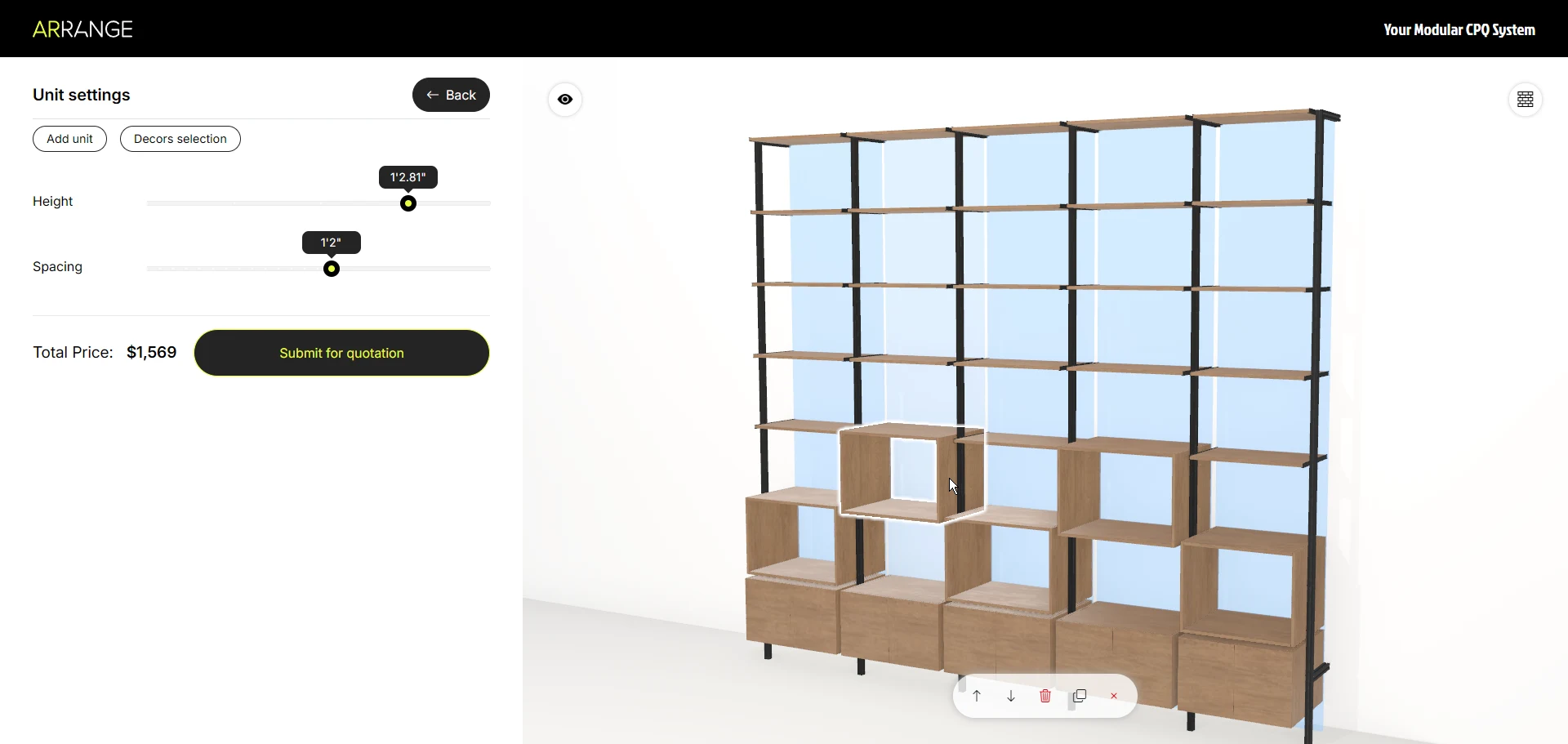 The configurator: modules on a wall, height and spacing sliders, a running total and a quotation button