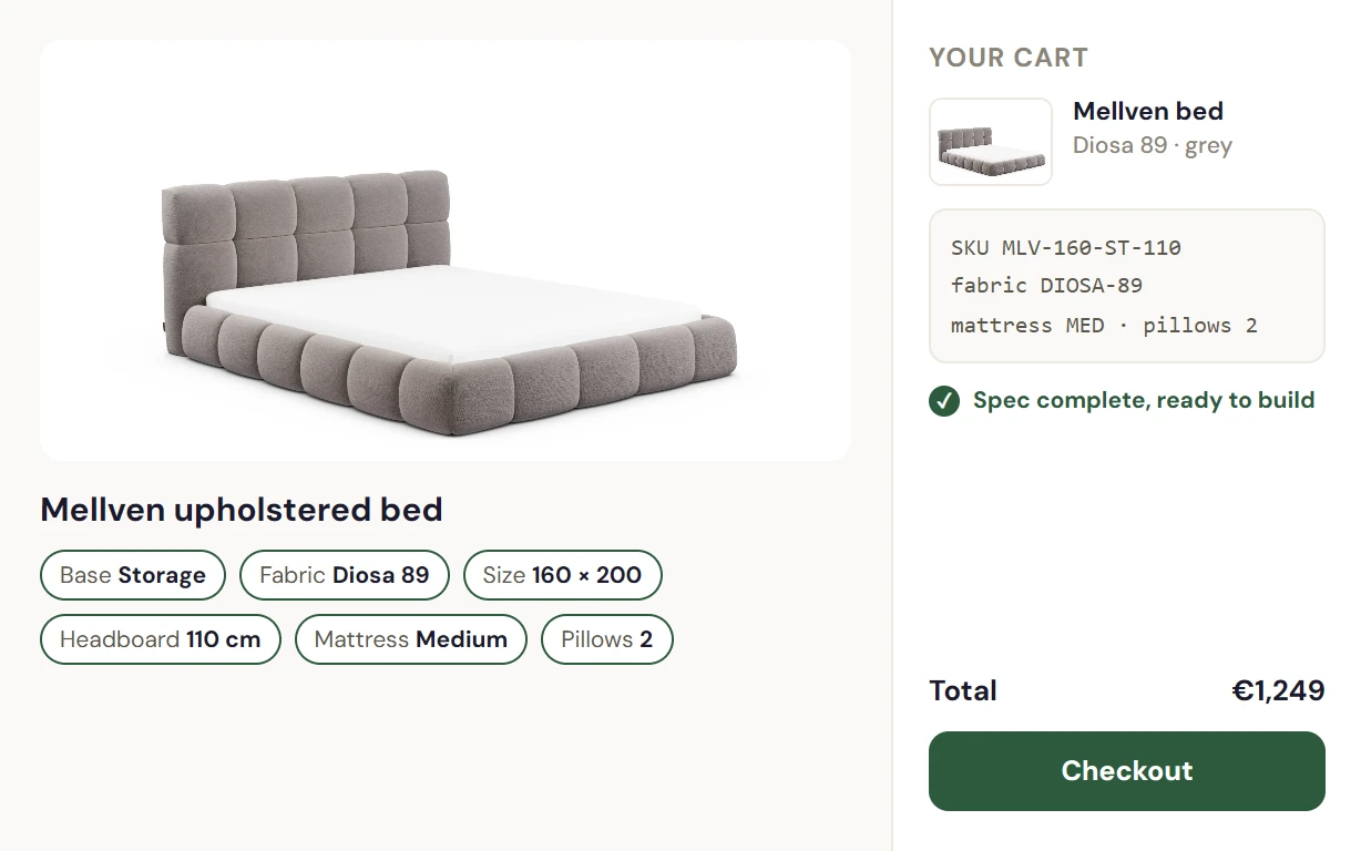 A configured Mellven bed beside a cart that already holds its full build spec, ready for checkout