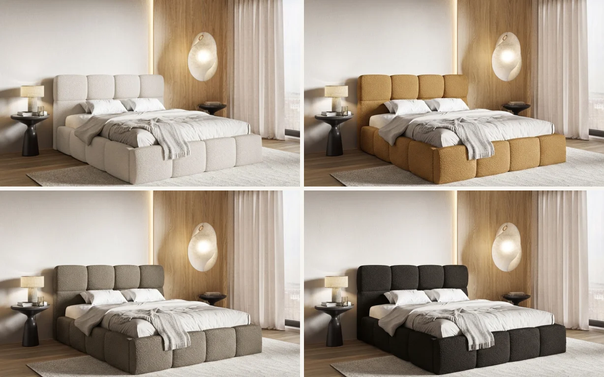 The same upholstered bed rendered in cream, camel, taupe and charcoal bouclé