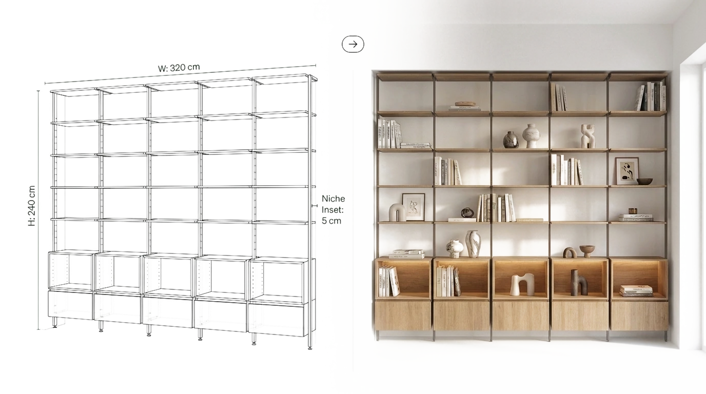 The same wall system twice: on the left the drawing with its width, height and niche inset called out, on the right the render built to those numbers
