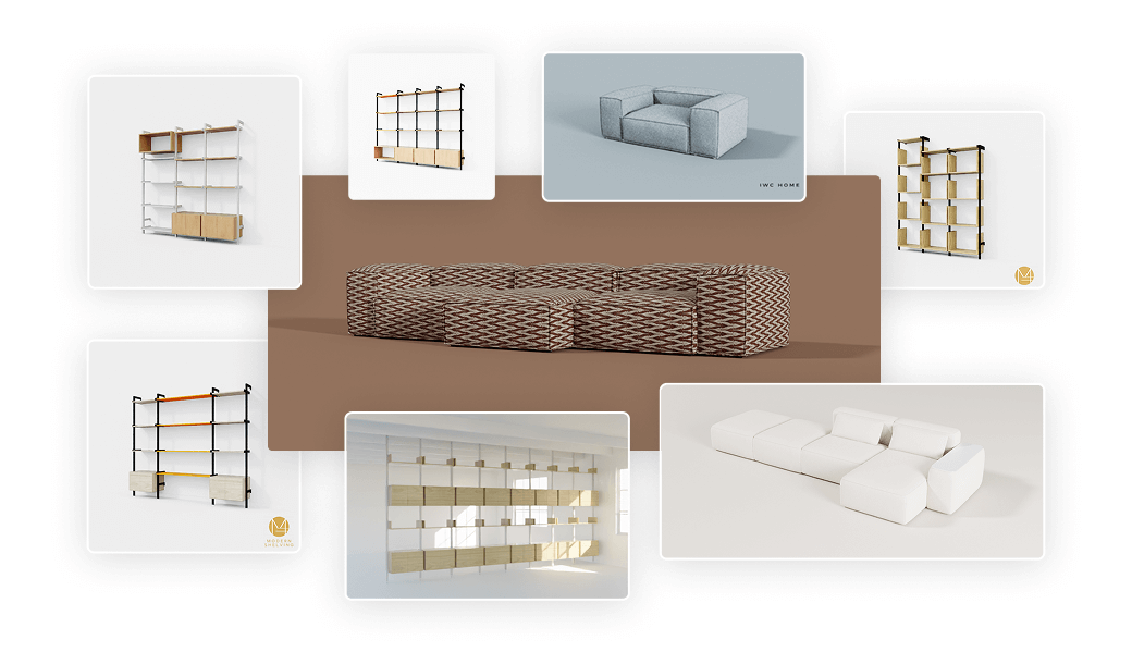 Drag-and-drop modular sofa builder producing a manufacturable order