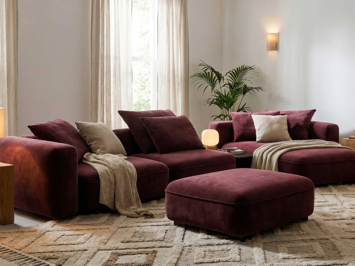 A plum velvet modular sofa and ottoman rendered for Mitto Home